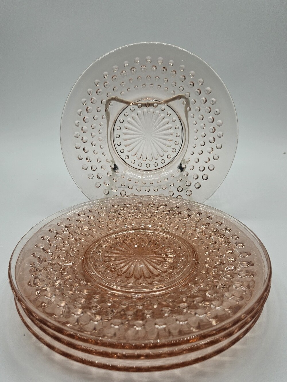 4 LE Smith Pink Hobnail 6" Glass Bread Plates, USA, Vintage
